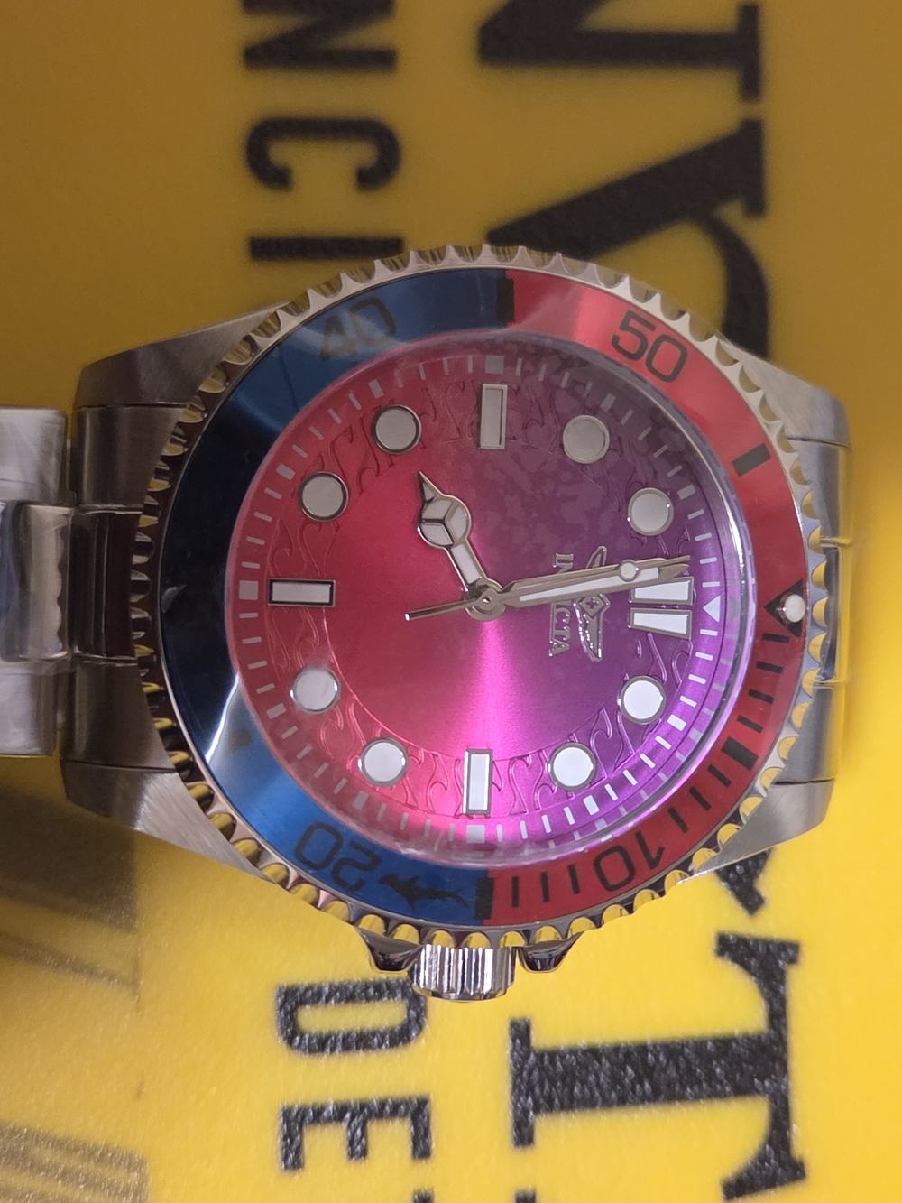 Men's Stainless Steel Pro Diver with Pink Gradiant Dial and Red‑Blue Bezel